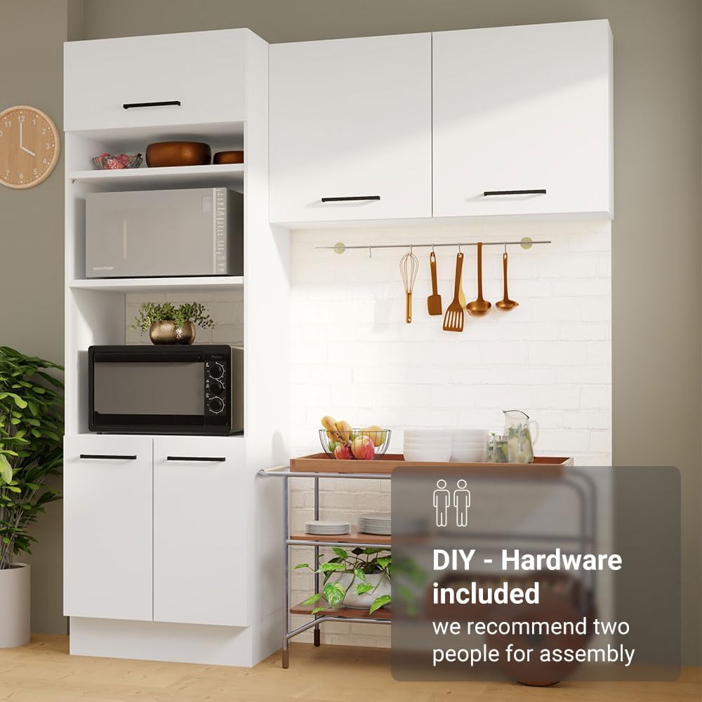 Madesa Hazel 2-Piece Kitchen Storage Set with 3 Doors 3 Open Shelves Pantry Cabinet and 2 Door Wall Cupboard 74 Inch Wooden Modern Organization Units for Pantry - White