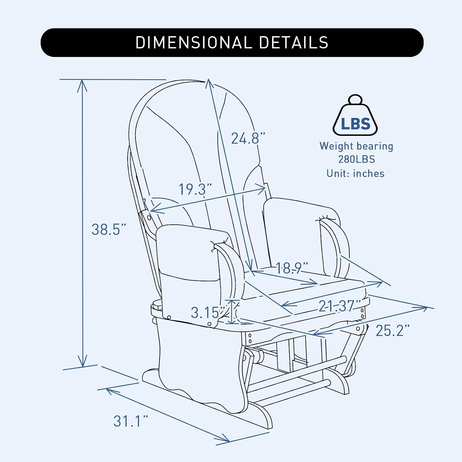 Beech Wood Gliding Rocking Chair for Nursery, Rocking Chair Glider Rocker with Arm Rest, Padded Cushion for Living Room Bedroom Reading Room, 280lbs Weight Capacity, Blue