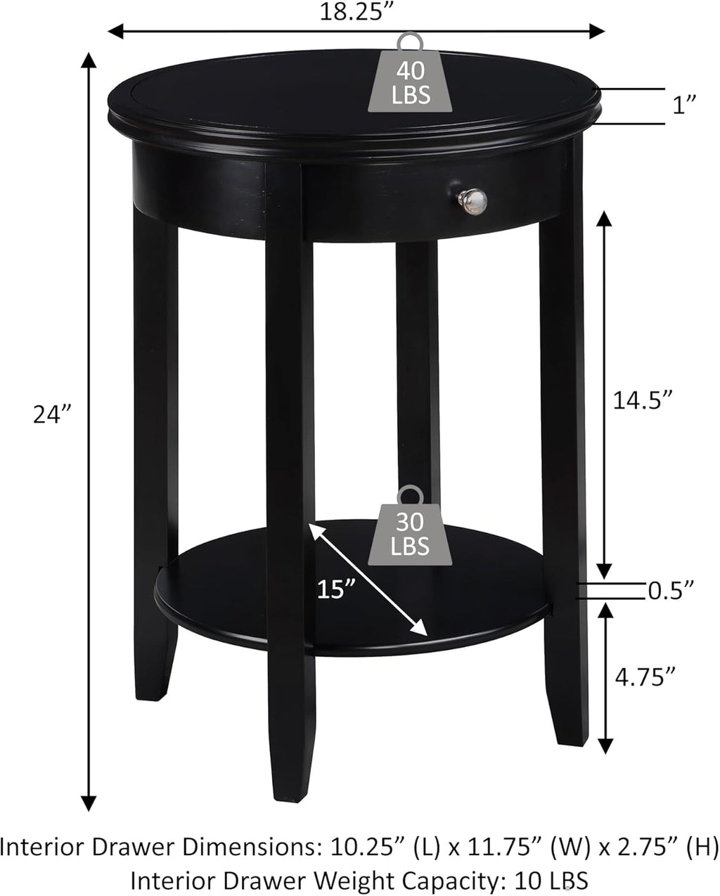 Convenience Concepts American Heritage Baldwin End Table 18.25" - Round Classic Side Accent with Storage Drawer & Shelf for Farmhouse Living or Family Room, Bedroom Nightstand, Dark Sage Green