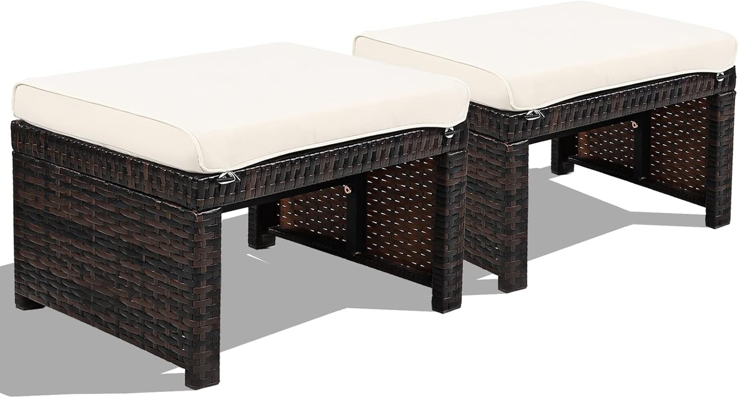 HAPPYGRILL 2 Piece Outdoor Wicker Ottomans, Patio Rattan Footstool with Cushions, Solid Steel Frame, Multifunctional Ottomans for Poolside Backyard Balcony