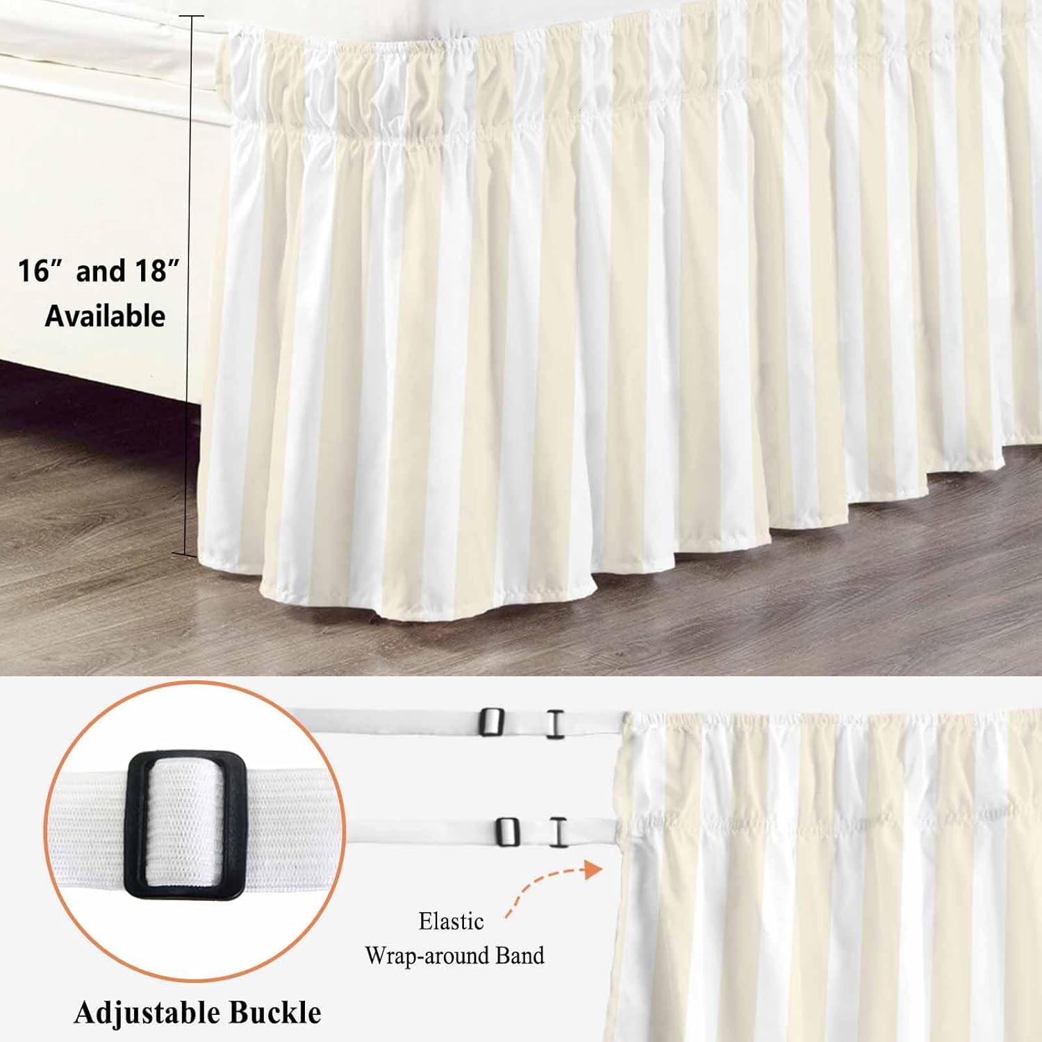 Cream Striped Bed Skirt King Size Bed Skirting 16 Inch Drop Adjustable Elastic Dust Ruffles Wrap Around Bedskirt Pleated Modern Farmhouse Cream White Stripes Bedding Frame Cover for King Size Dorm