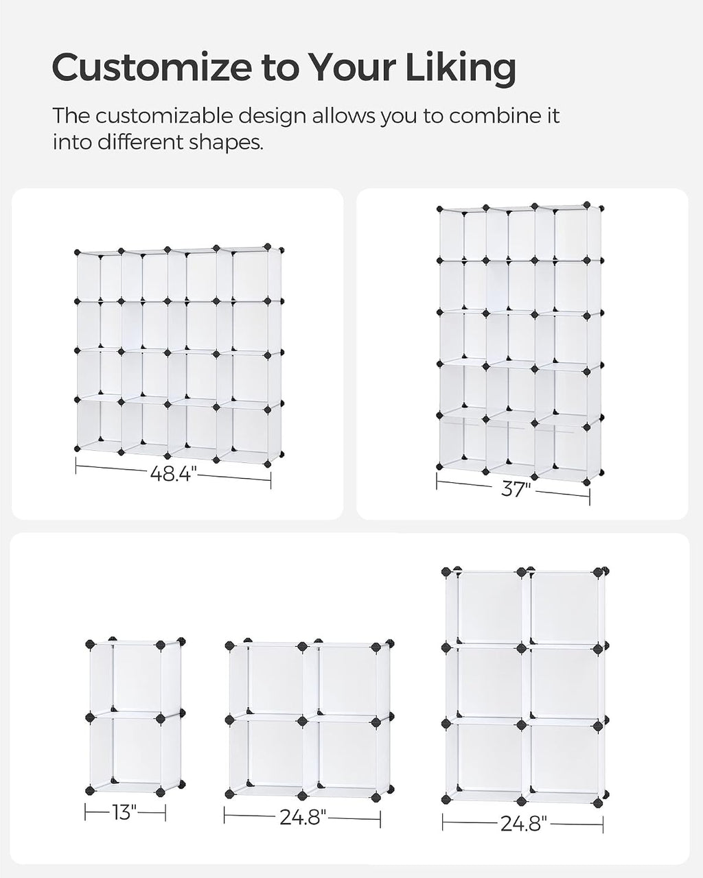 SONGMICS Cube Storage Organizer, Set of 16 Plastic Cubes, Book Shelf, Closet Organizers and Storage, Room Organization, Bedroom Living Room, 12.2 x 48.4 x 48.4 Inches, White ULPC44L