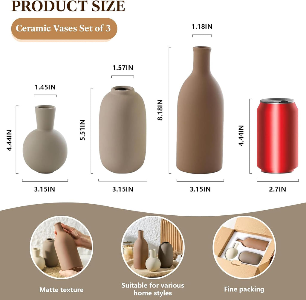 Modern Ceramic Vase Set, Neutral Decorative Vases for Home Decor, Small Flower Pottery Vase Sets for Pampas Grass Dried Flowers, for Happy Birthday Gifts, Self Care Gift