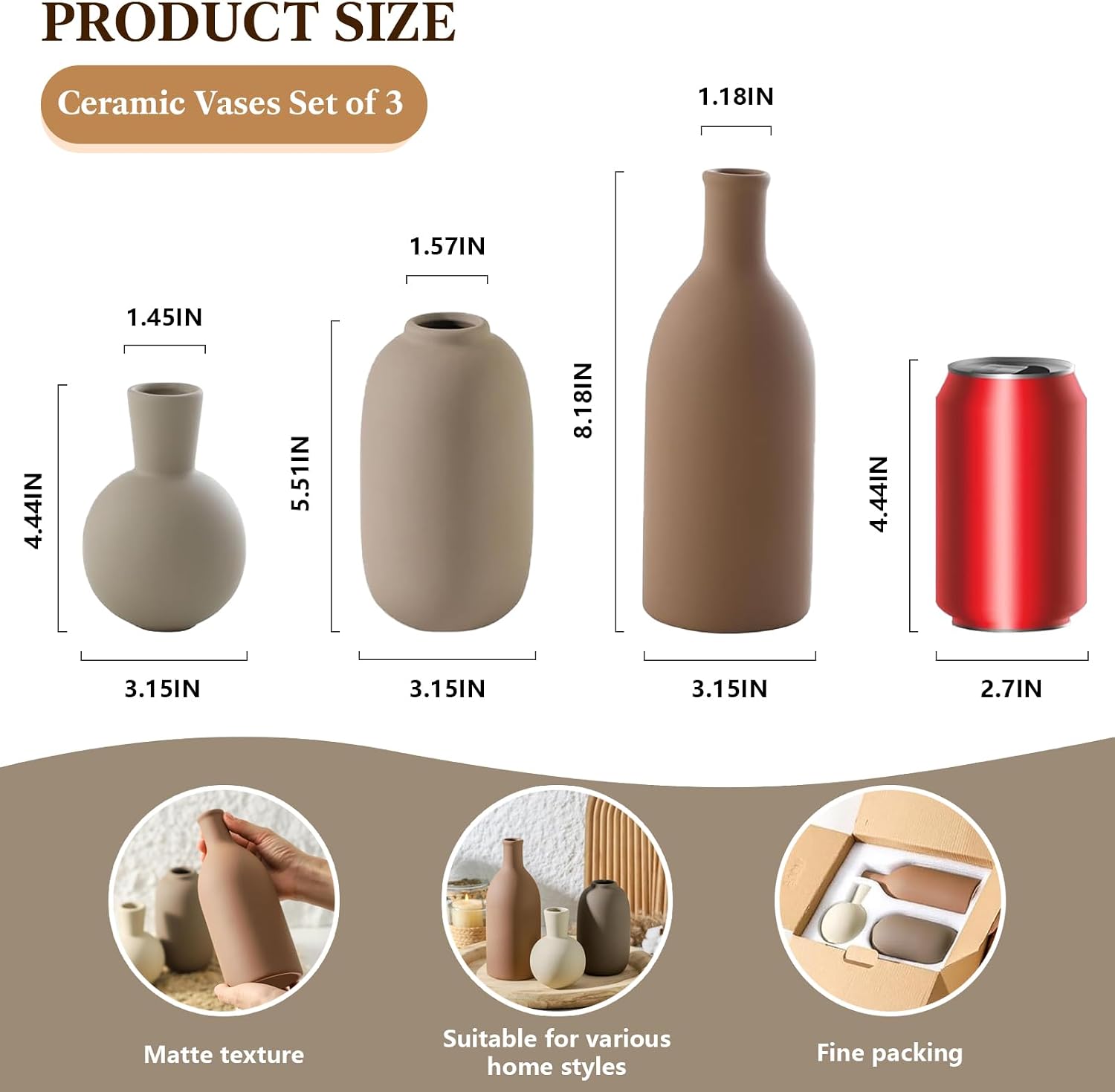 Modern Ceramic Vase Set, Neutral Decorative Vases for Home Decor, Small Flower Pottery Vase Sets for Pampas Grass Dried Flowers, for Happy Birthday Gifts, Self Care Gift