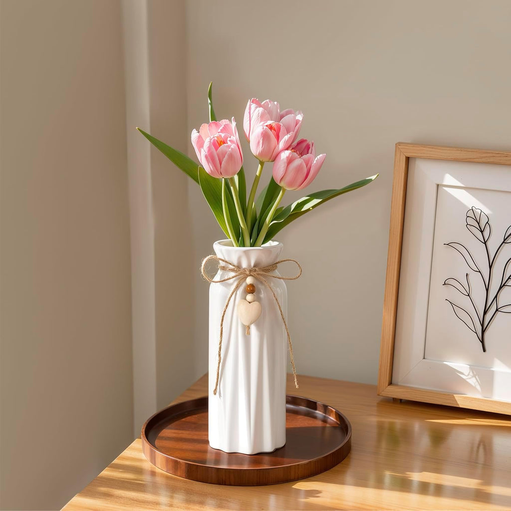 Elegant 8 Inch Ceramic Vase with Geometric Pattern, Decorative Vase with Jute Rope & Heart Charm for Home Décor, Table Centerpieces, and Gifts, Ideal for Living Room, Bedroom, and Office