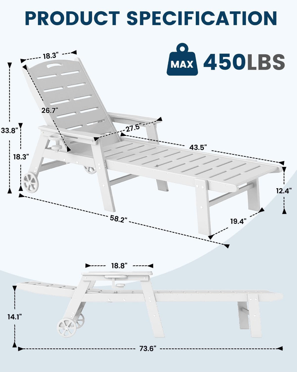 FOOWIN Chaise Lounge Chair, HDPE Lounge Chair Outdoor with 5 Positions, Oversized Pool Lounge Chairs with Rolling Wheels & Cup Holder for Poolside Deck Backyard, White