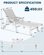 FOOWIN Chaise Lounge Chair, HDPE Lounge Chair Outdoor with 5 Positions, Oversized Pool Lounge Chairs with Rolling Wheels & Cup Holder for Poolside Deck Backyard, White