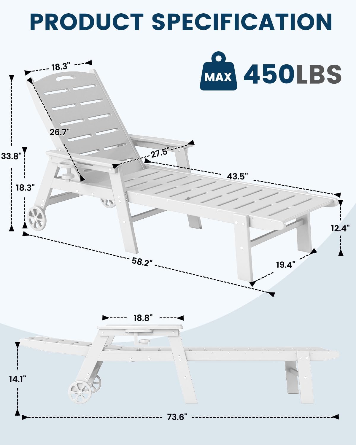 FOOWIN Chaise Lounge Chair, HDPE Lounge Chair Outdoor with 5 Positions, Oversized Pool Lounge Chairs with Rolling Wheels & Cup Holder for Poolside Deck Backyard, White