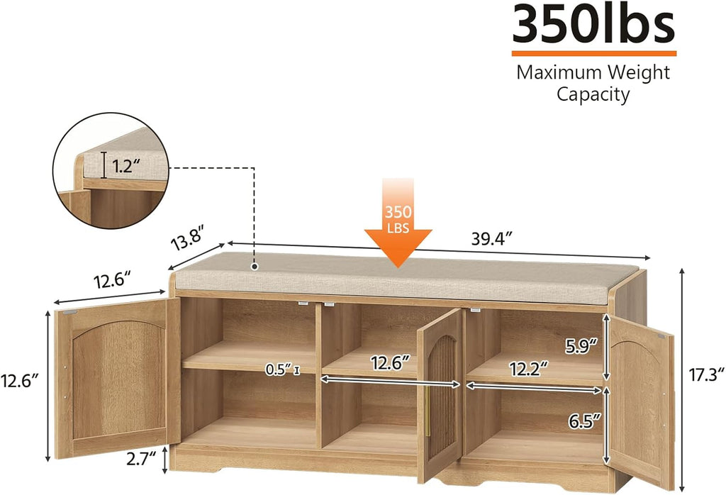 39.4" Shoe Storage Bench with Seating Cushion, Fluted 2-Tier Entryway Bench with 3 Doors & Adjustable Shelves, Shoe Cabinet Bench for Entryway, Hallway, Bedroom and Living Room (Natural)