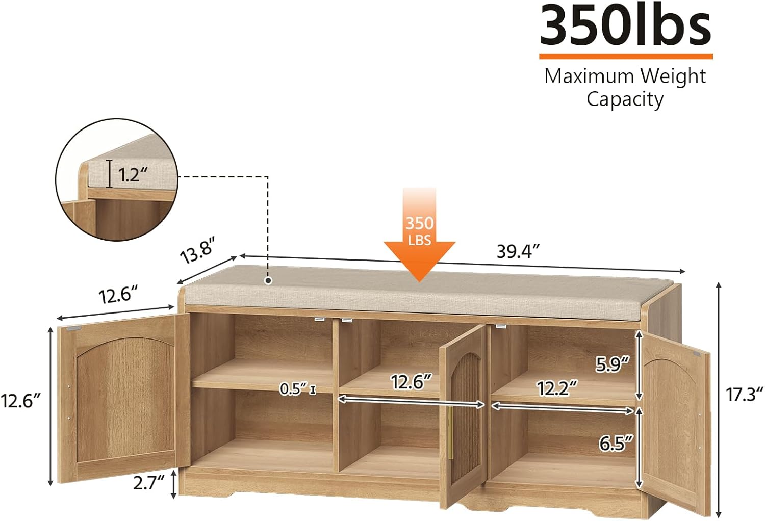 39.4" Shoe Storage Bench with Seating Cushion, Fluted 2-Tier Entryway Bench with 3 Doors & Adjustable Shelves, Shoe Cabinet Bench for Entryway, Hallway, Bedroom and Living Room (Natural)
