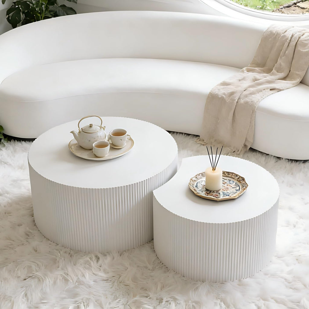 KEVINSPACE Coffee Table Set of 2 Modern, Living Room Nesting Table Round 2-Piece, No Assembly Required Wooden Circle End Table Set Accent Furniture for Bedroom Balcony Library,White