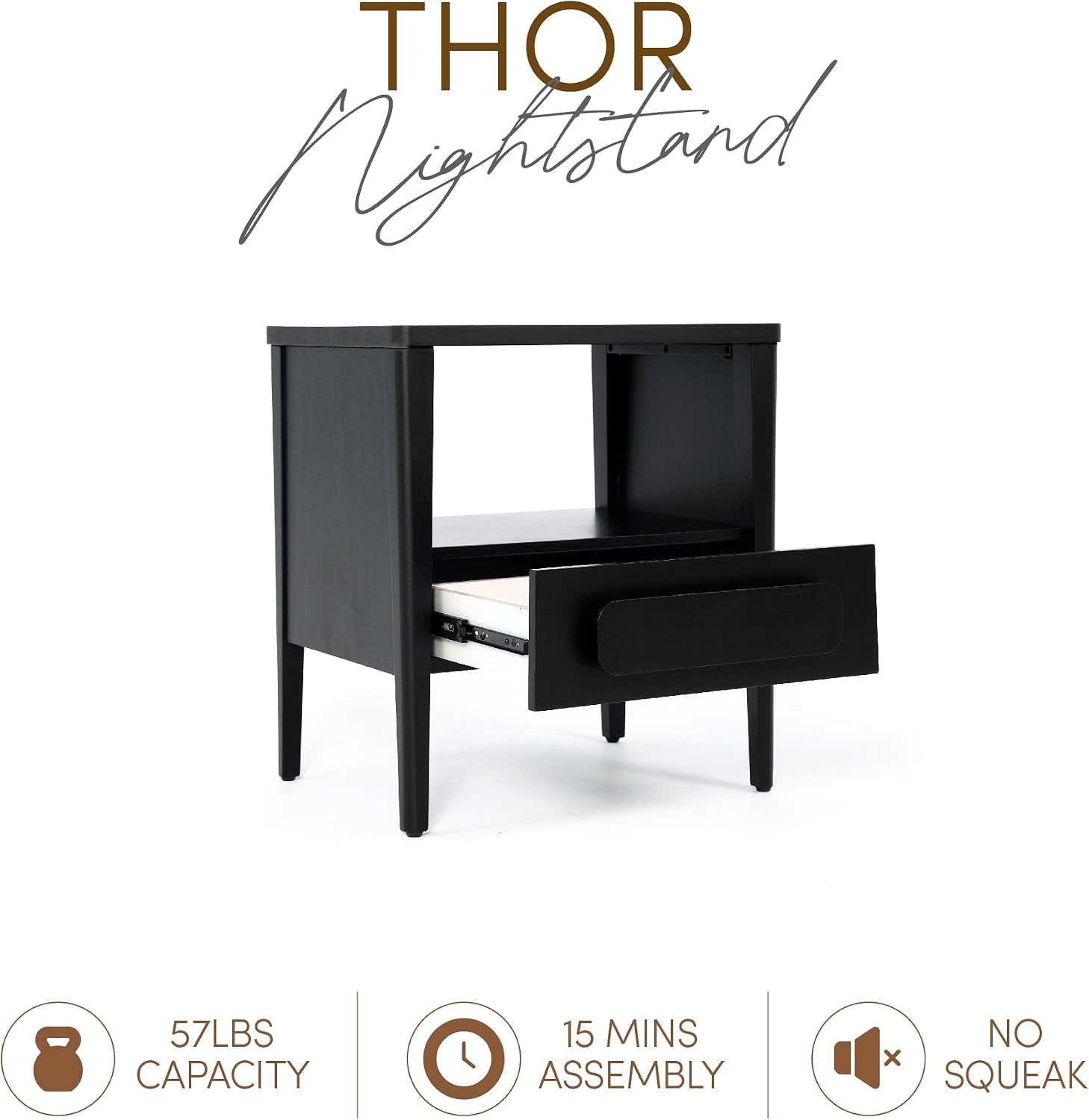 Modern Nightstand, Sustainable Hevea Premium Solid Wood Frame - Bedside Table - End Table with Ball Bearing Slide - Drawers Real Wooden Cabinet Organizer for Bedroom (Midnight Charcoal)
