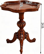 Solid Wood Carved Side Table, Vintage Round End Table with Raised Edge, Tripod Base for Living Room Sofa Bedroom Nightstand (Walnut)