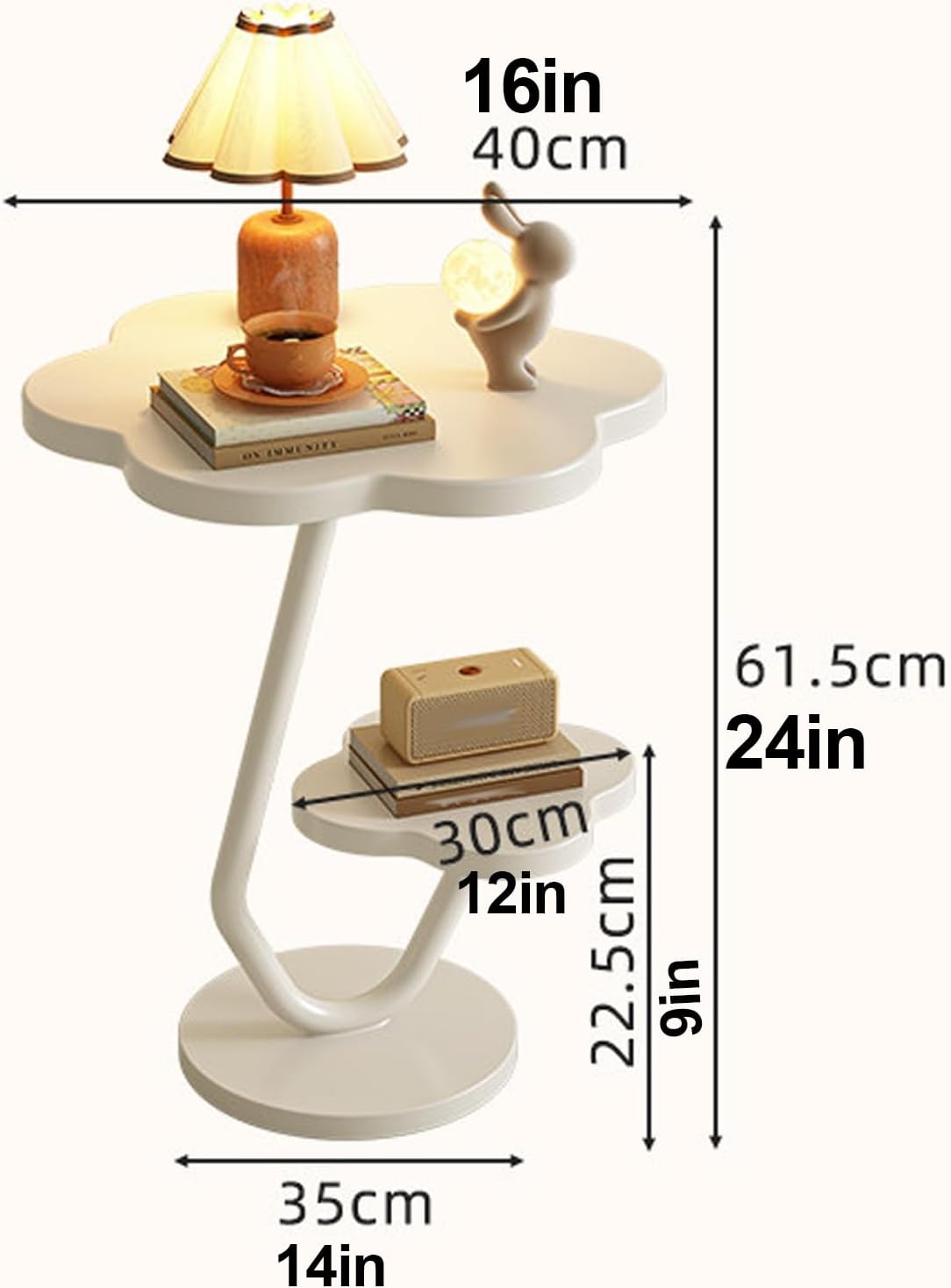 Flower-Shaped Side Table, 2 Layers End Table for Sofa, Nightstand, mesa Auxiliar, Metal Frame, for Home Living Room Kitchen Garden Bedroom Office(White)