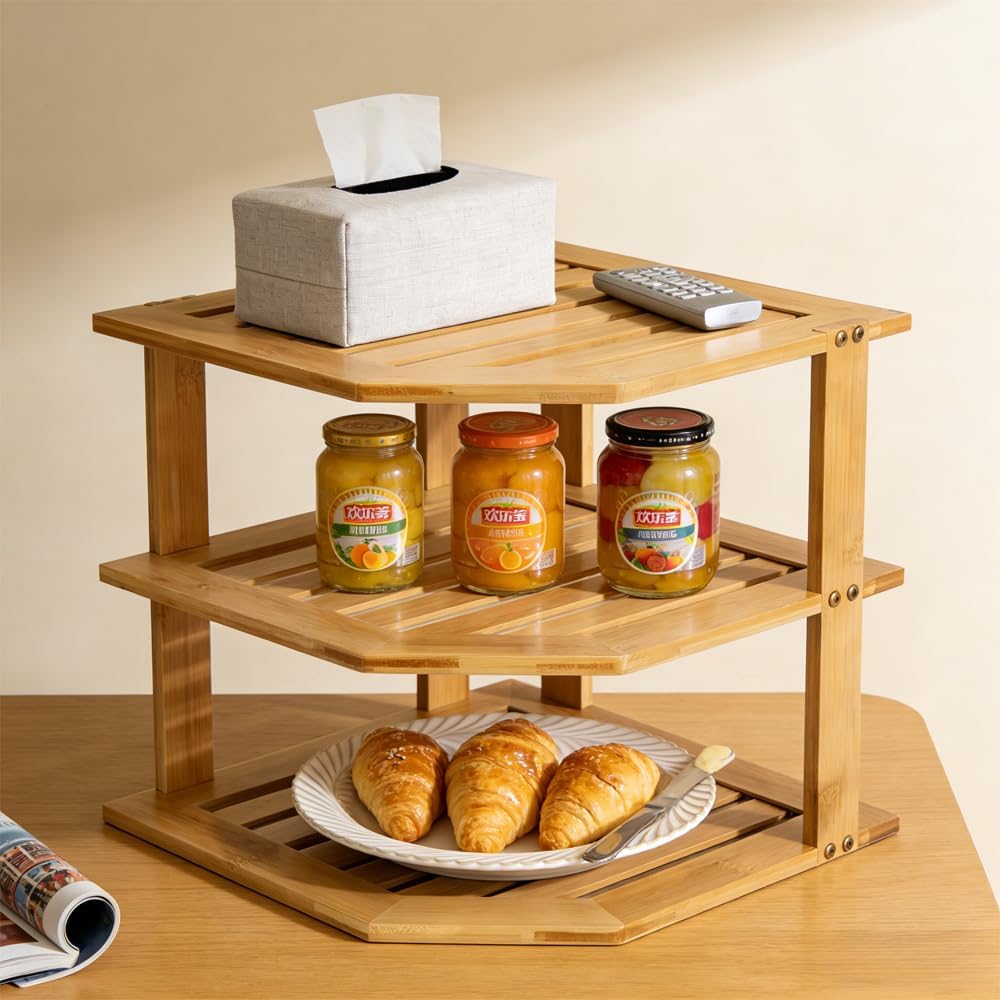 AKAZA 3-Tier Corner Shelf Counter and Cabinet Organizer - Steel Metal Wire - Rust Resistant (Bamboo)