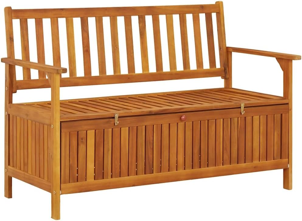 Patio Storage Bench Solid Acacia Wood 47.2 Inch Outdoor Garden Seat with Backrest Armrests Large Storage Compartment for Porch Deck Yard Relax