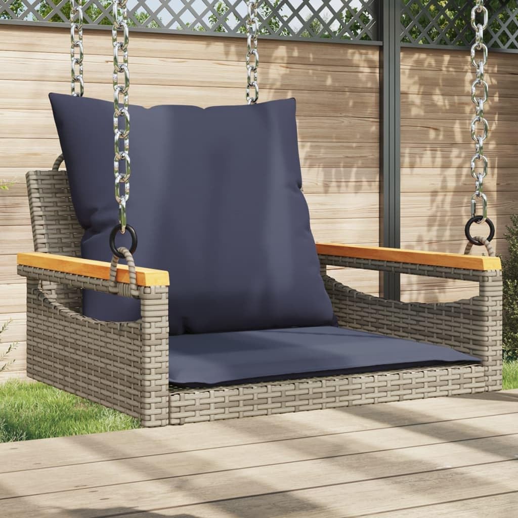 Outdoor Hanging Swing Bench for Patio Garden, Single Person Wicker Seat with Soft Cushions, Durable Steel Frame Balcony Leisure Chair, Gray
