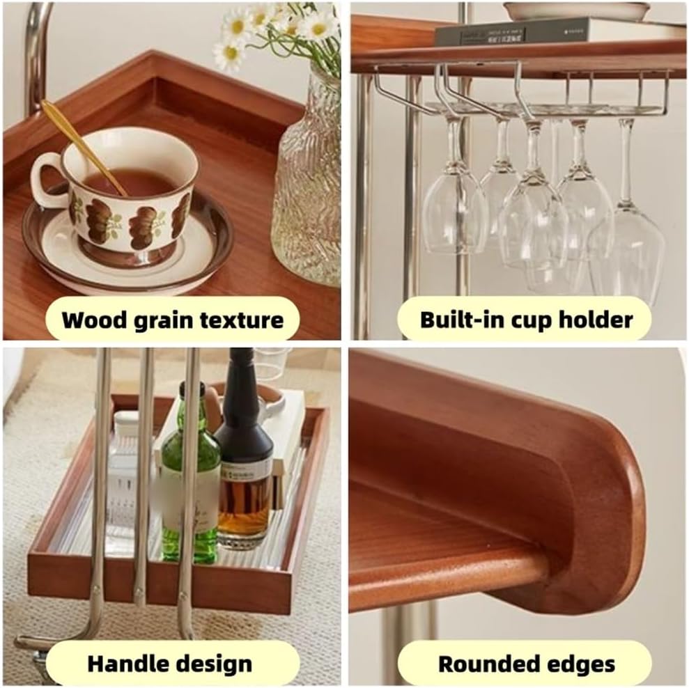 Double-Layer Bar Cart, Modern Bedside Cart with Handle, Side Table with Wheels, Small Tea Cart Suitable for Home, Coffee Shop, Hotel(Natural)