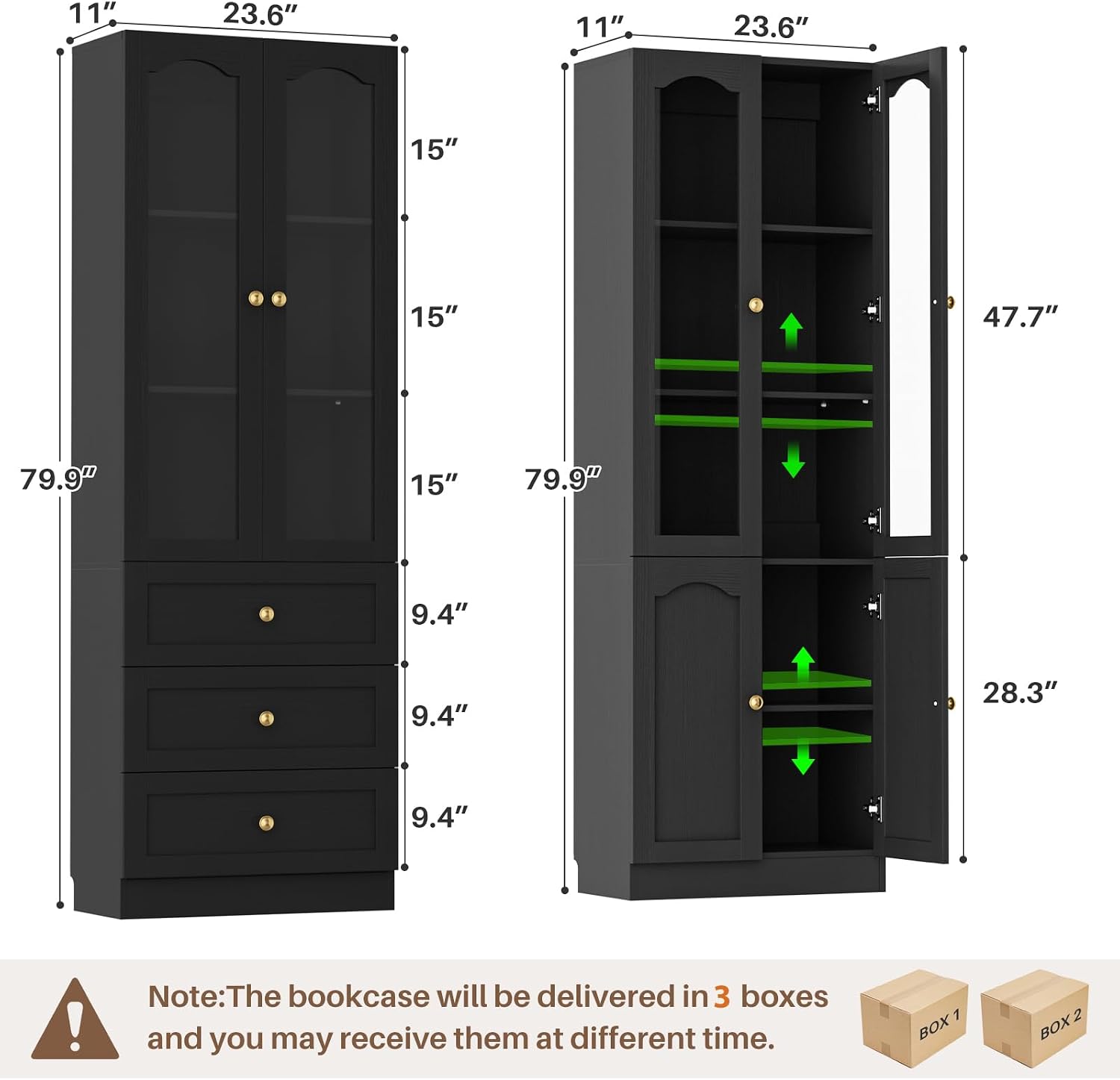 Cyclysio 80" Tall Pantry Cabinet Set of 3, Black Kitchen Storage Cabinet with Arched Glass Doors, 3 Drawers & Cupboard, Flush-to-Wall Coffee Bar Hutch with Baseboard Cutout for Dining Room