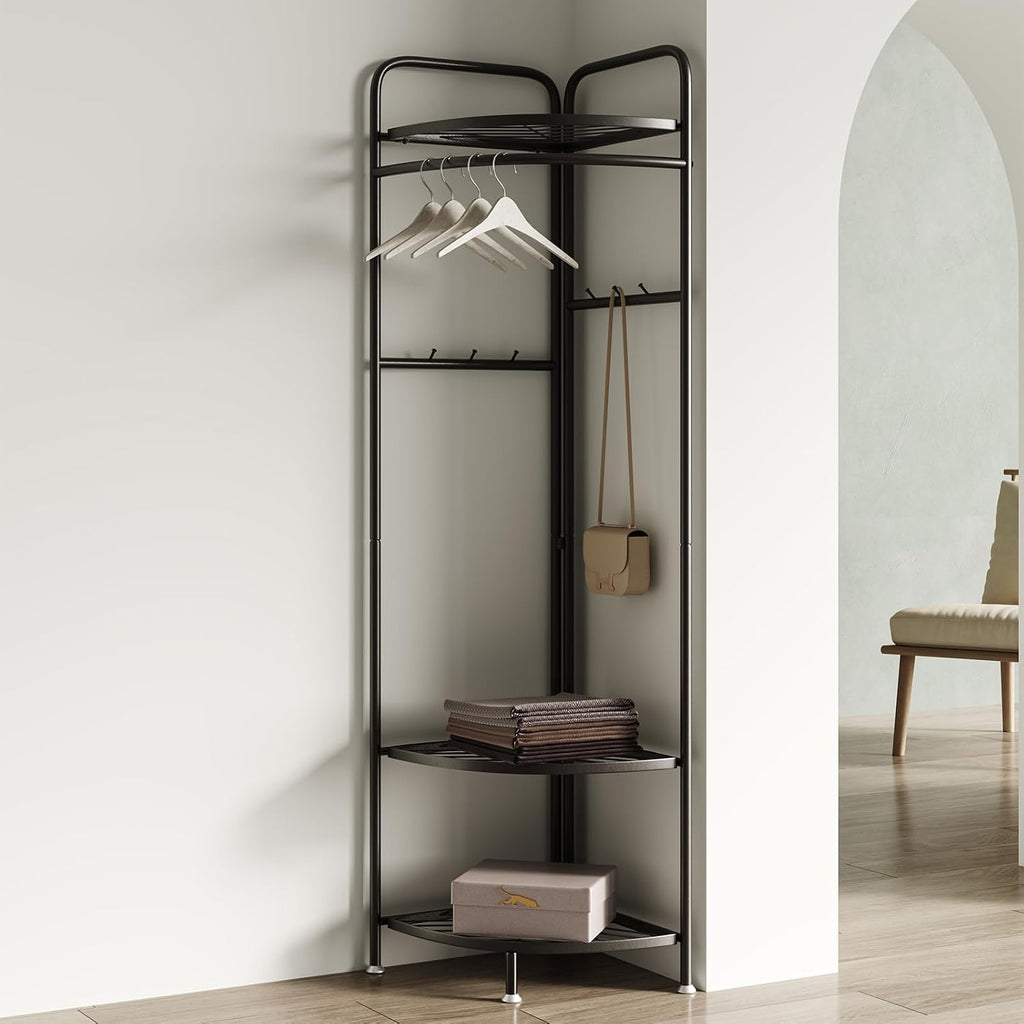 corner coat rack,corner clothing rack with 6 hooks and storage shelf,metal clothes rack coat stand for Entryway, Bedroom
