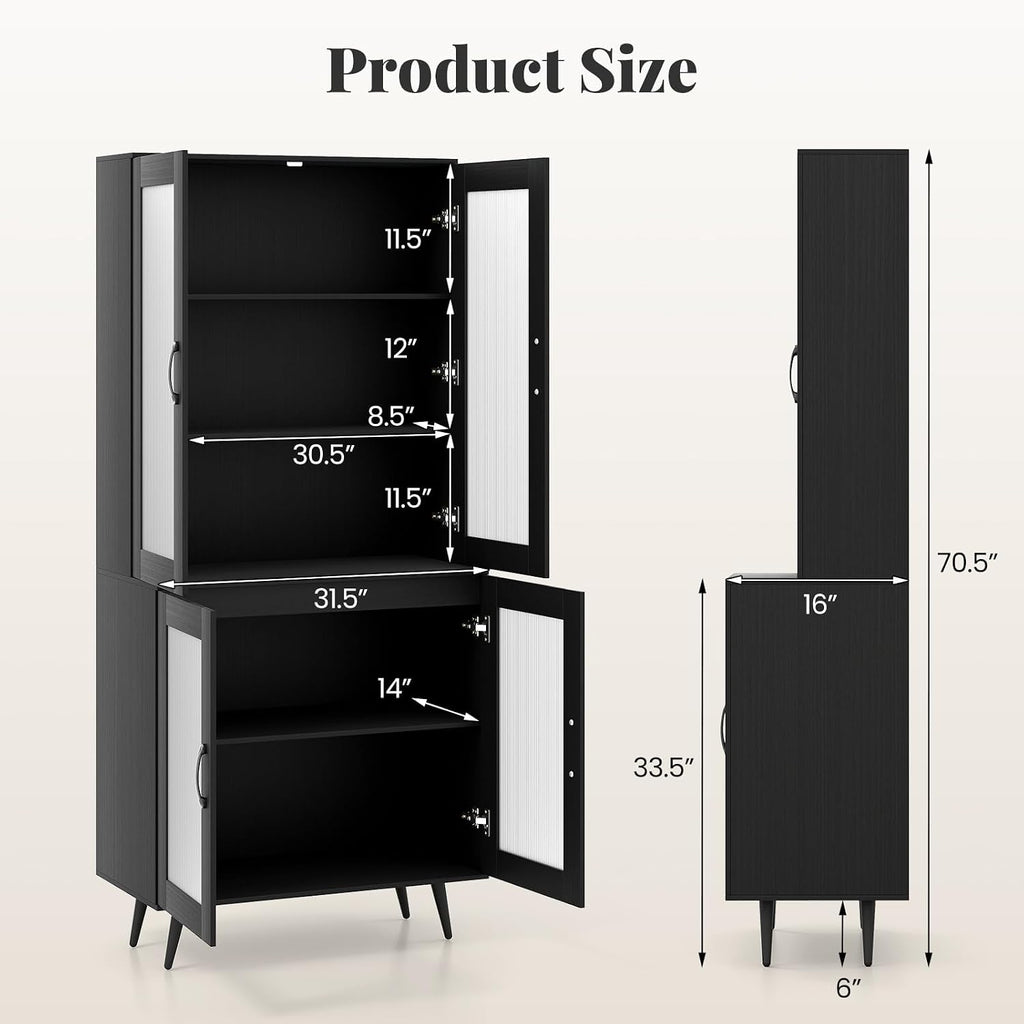 70.5”H Pantry Cabinet, 5-Tier Food Pantry with 4 Transparent Doors & Adjustable Shelves & Metal Legs, Tall Storage Cabinet for Kitchen, Living Room, Dining Room, Home Office, Bathroom (Black)