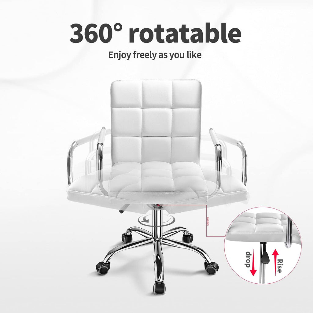 Kemon Office Chiar Desk Chair with Armrests/Wheels Pu Leather Mid Back Adjustable Height Computer Chair for Teens/Students 360°Swivel Rolling Tast Chair(White)