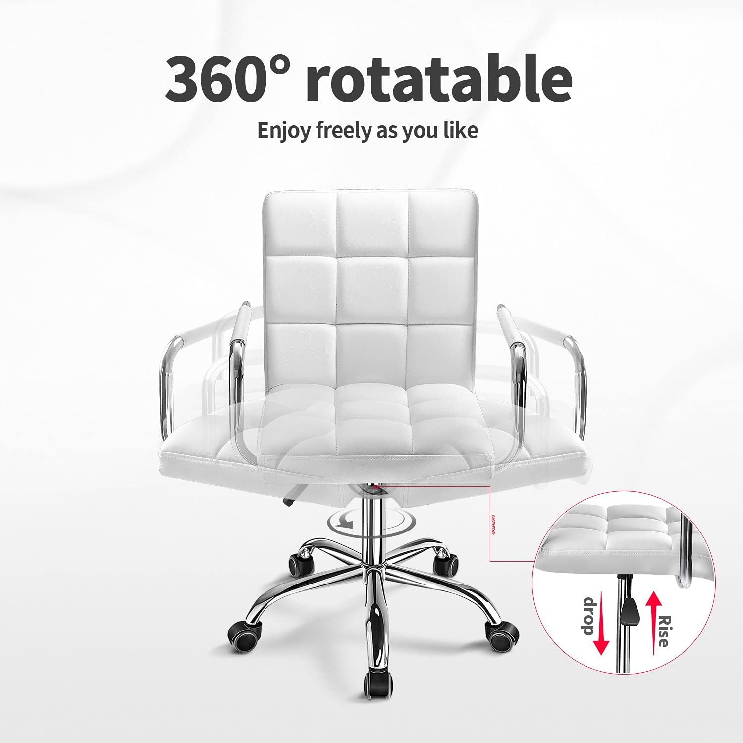 Kemon Office Chiar Desk Chair with Armrests/Wheels Pu Leather Mid Back Adjustable Height Computer Chair for Teens/Students 360°Swivel Rolling Tast Chair(White)