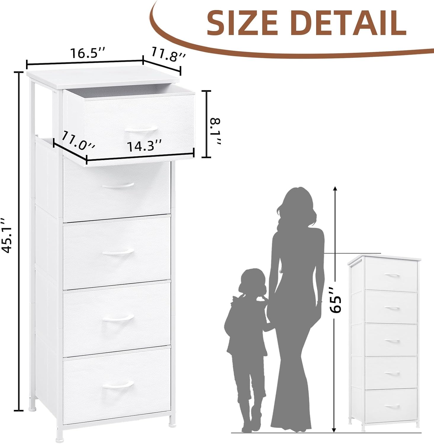 Somdot Tall Dresser for Bedroom, 5 Drawer Storage Cabinet, White | Fabric Dresser with Removable Bins, Steel Frame, Wood Top Home Furniture, Closet Organizer, Nursery, Dorm, Entryway Storage