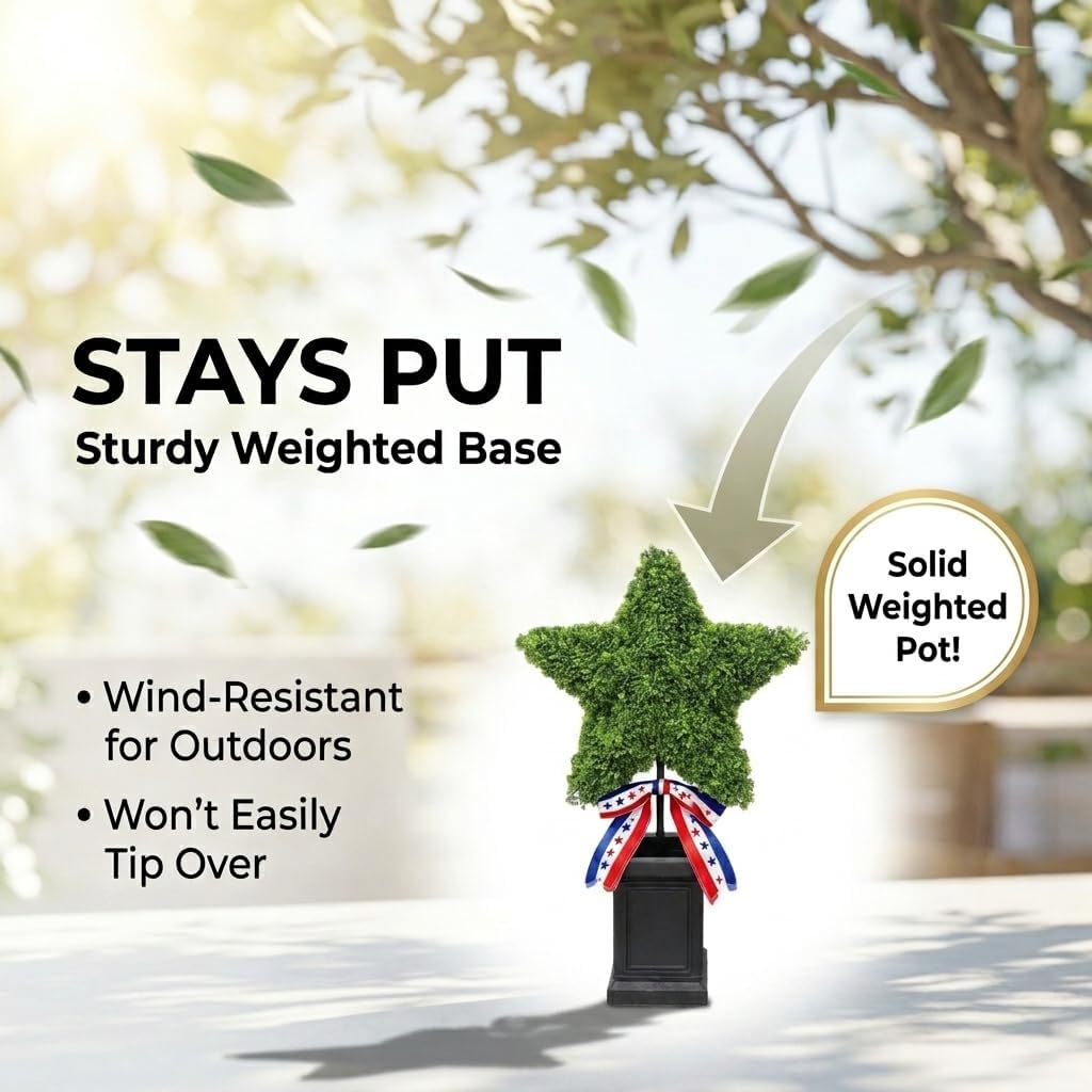 Patriotic Star Topiary Tree, Artificial Boxwood, 4th of July Memorial Day Indoor Outdoor Centerpiece Decor (Large)