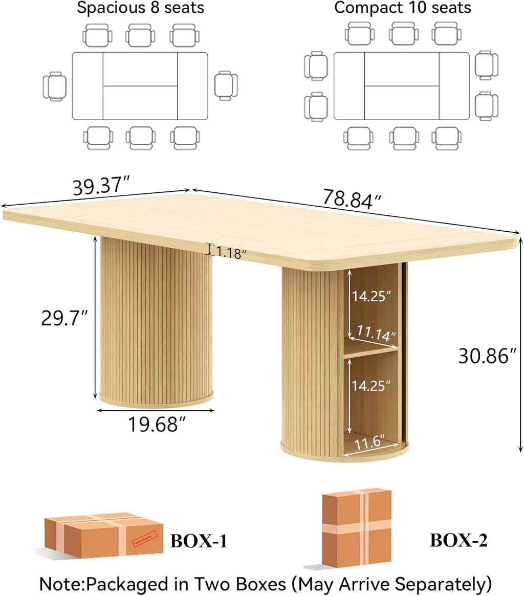79" Rectangular Dining Table for 8-10, Wood Kitchen Table with 2-Layer Storage Shelf & Sturdy Base, Mid Century Modern Dinner Table with Wide Tabletop for Dining Room, Living Room