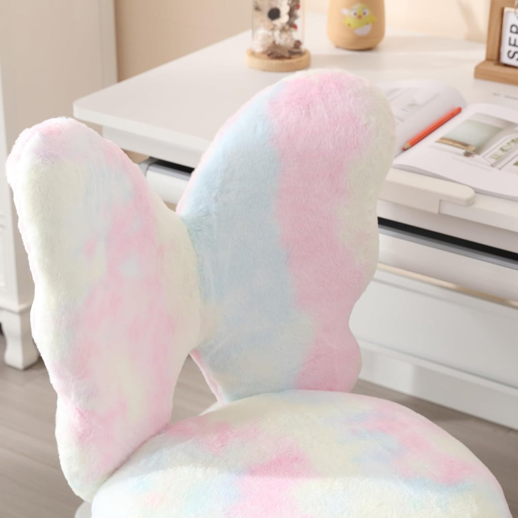 Kmax Kids Desk Chair, Faux Fur Butterfly Chair with Wheels Adjustable Cute Swivel Kids Office Chair for Bedroom Reading Room - Colorful