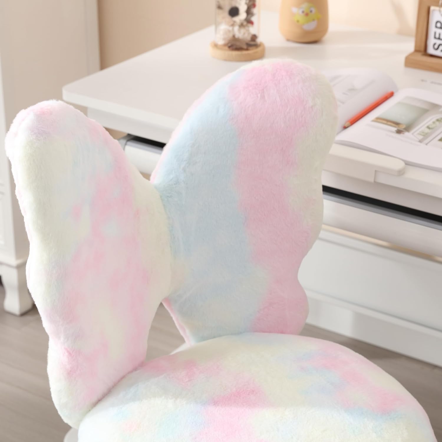 Kmax Kids Desk Chair, Faux Fur Butterfly Chair with Wheels Adjustable Cute Swivel Kids Office Chair for Bedroom Reading Room - Colorful
