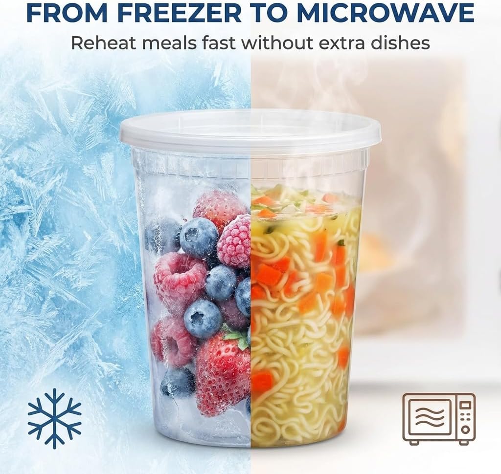 JoyServe 120 Sets Deli Containers with Lids – 8oz, 16oz & 32oz – Leak Proof, Microwaveable, Dishwasher & Freezer Safe – Plastic Food Storage & Soup Containers