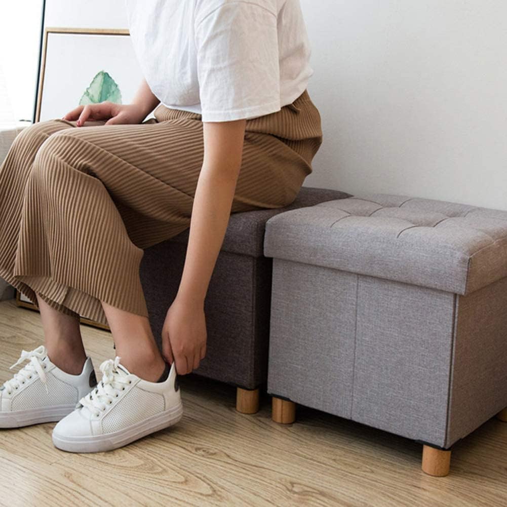 BABYCE Footstool Sofa Stool Storge Ottoman Cube,Comfort Foldable Foot Rest Upholstered Padded Stool Seat Toy Chest Coffee Table with Linen Lid Space Saving-Brown 15x15x14in