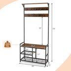 Tangkula Coat Rack Shoe Bench, 3-in-1 Industrial Hall Tree w/Storage Bench & 9 Hanging Hooks, 3-Tier Wood Look Entryway Bench w/Metal Frame, Adjustable Foot Pads for Dorm, Apartment, Hall, Brown