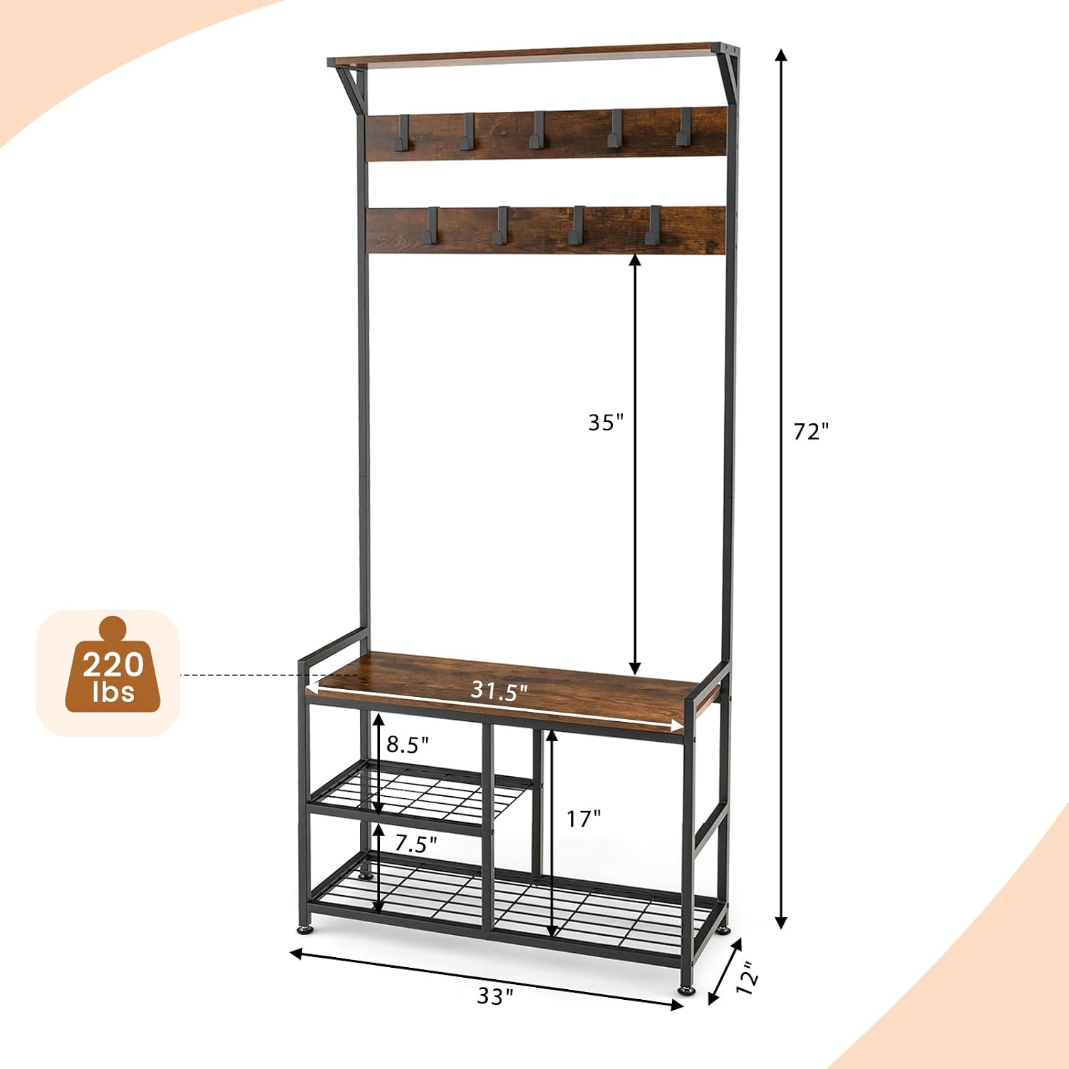 Tangkula Coat Rack Shoe Bench, 3-in-1 Industrial Hall Tree w/Storage Bench & 9 Hanging Hooks, 3-Tier Wood Look Entryway Bench w/Metal Frame, Adjustable Foot Pads for Dorm, Apartment, Hall, Brown