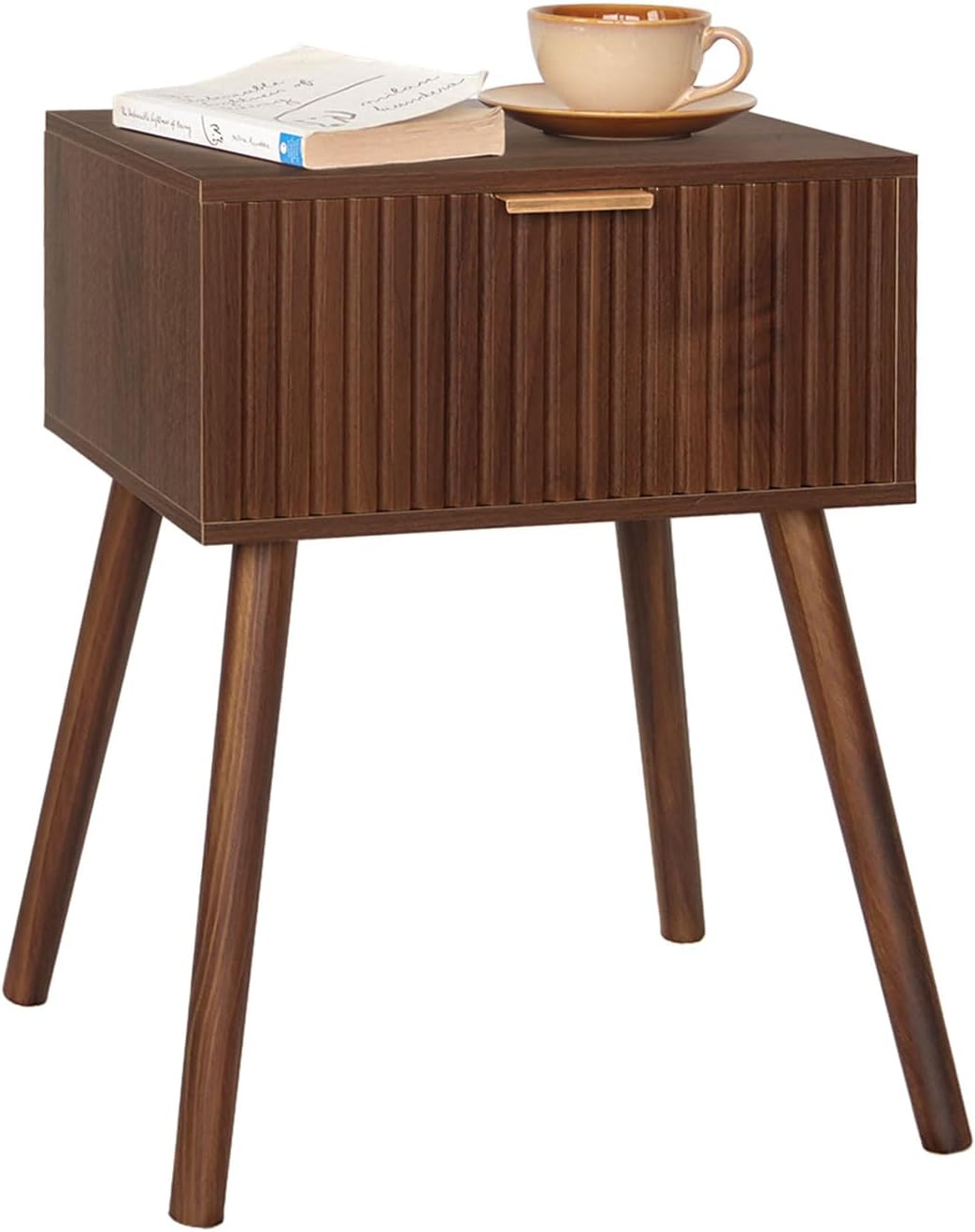 AWASEN Night Stand, Small End Tables Living Room, Mid Century Modern Nightstand Accent Bedside Table with Fluted Drawer for Bedroom and Small Space, Walnut Brown