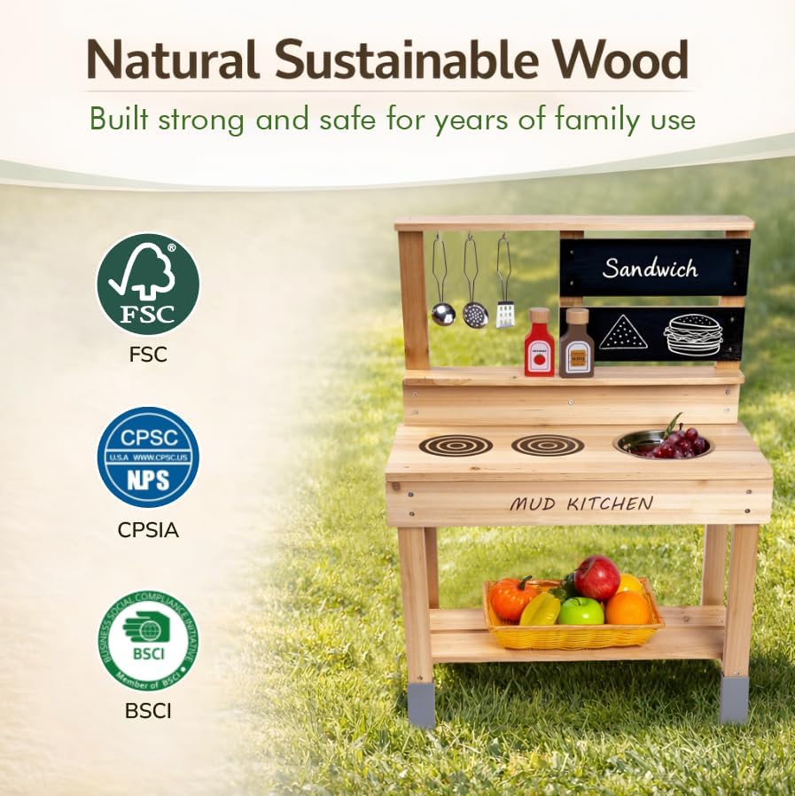 Wooden Mud Kitchen,Outdoor Play Kitchen with Sink,Blackboard and Accessories for Kids,Fir Wood Pretend Play Toy for Boys Girls Backyard