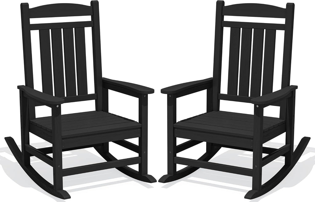 KINGYES Oversized Outdoor Rocking Chair Set of 2, High Density Polyethylene Patio Rocking Chairs with 350lbs Support for Adults,Porch Recliner Rocker, Black