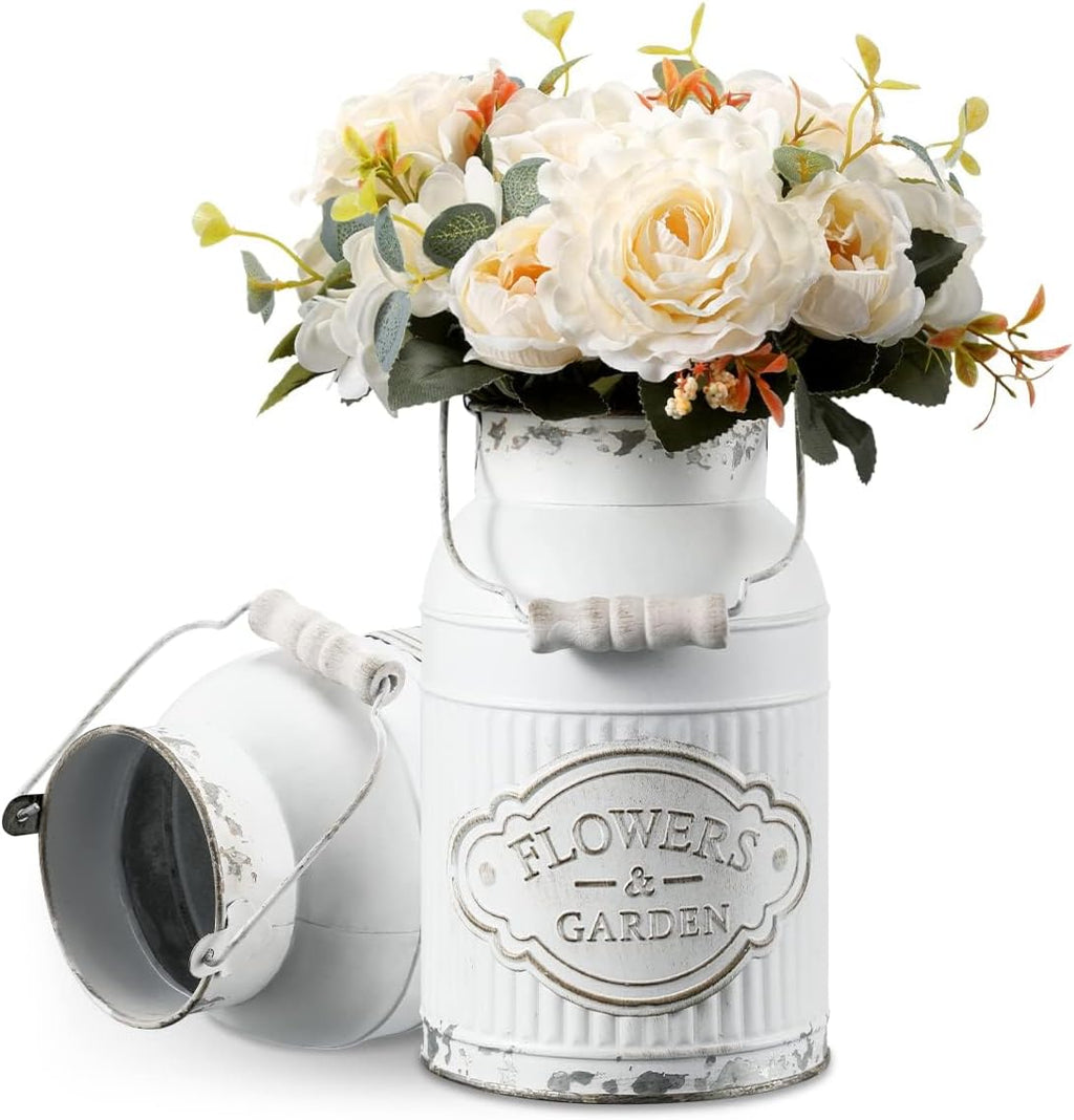 French Style Shabby Chic Decor White Farmhouse Metal Flower Vase Galvanized Decor for Kitchen, Bathroom, Sparklers for Weddings