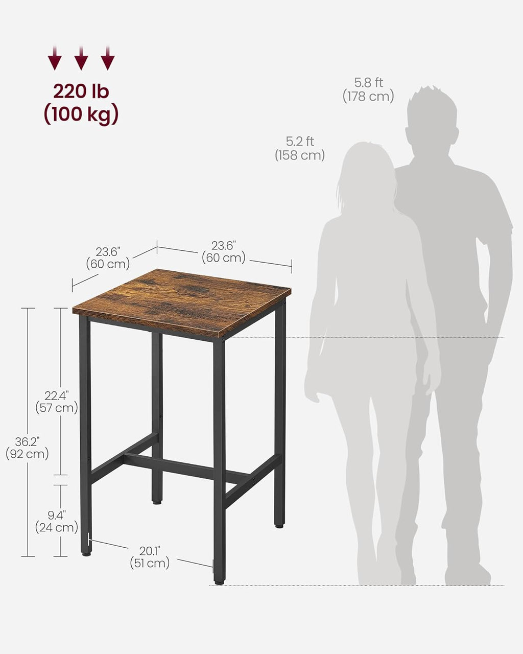 VASAGLE Bar Table, Kitchen Dining, High Top Pub, Bar Height Cocktail for Living Room Party, Sturdy Metal, 23.6 x 23.6 x 36.2 Inches for Narrow Spaces, Rustic Brown and Ink Black