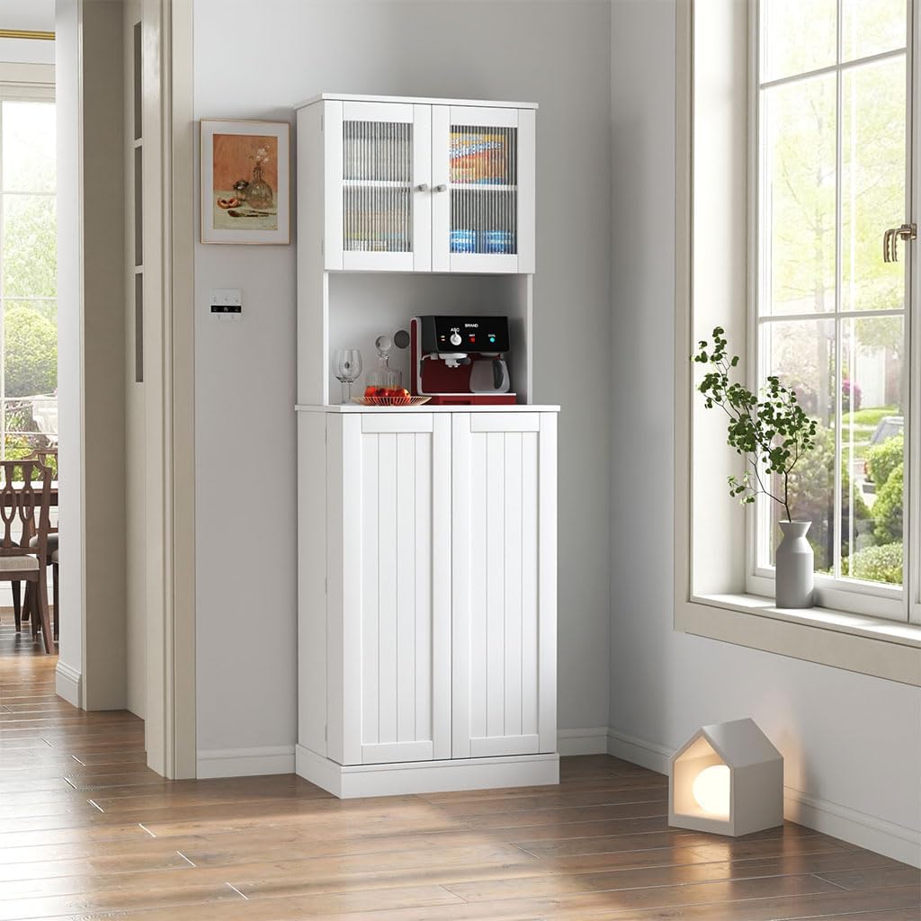 71" Kitchen Pantry Cabinet, Tall Storage Cabinet with Microwave Stand, Freestanding Farmhouse Pantry Cupboard Cabinet with Doors and Adjustable Shelves, for Kitchen, Dining Room, White