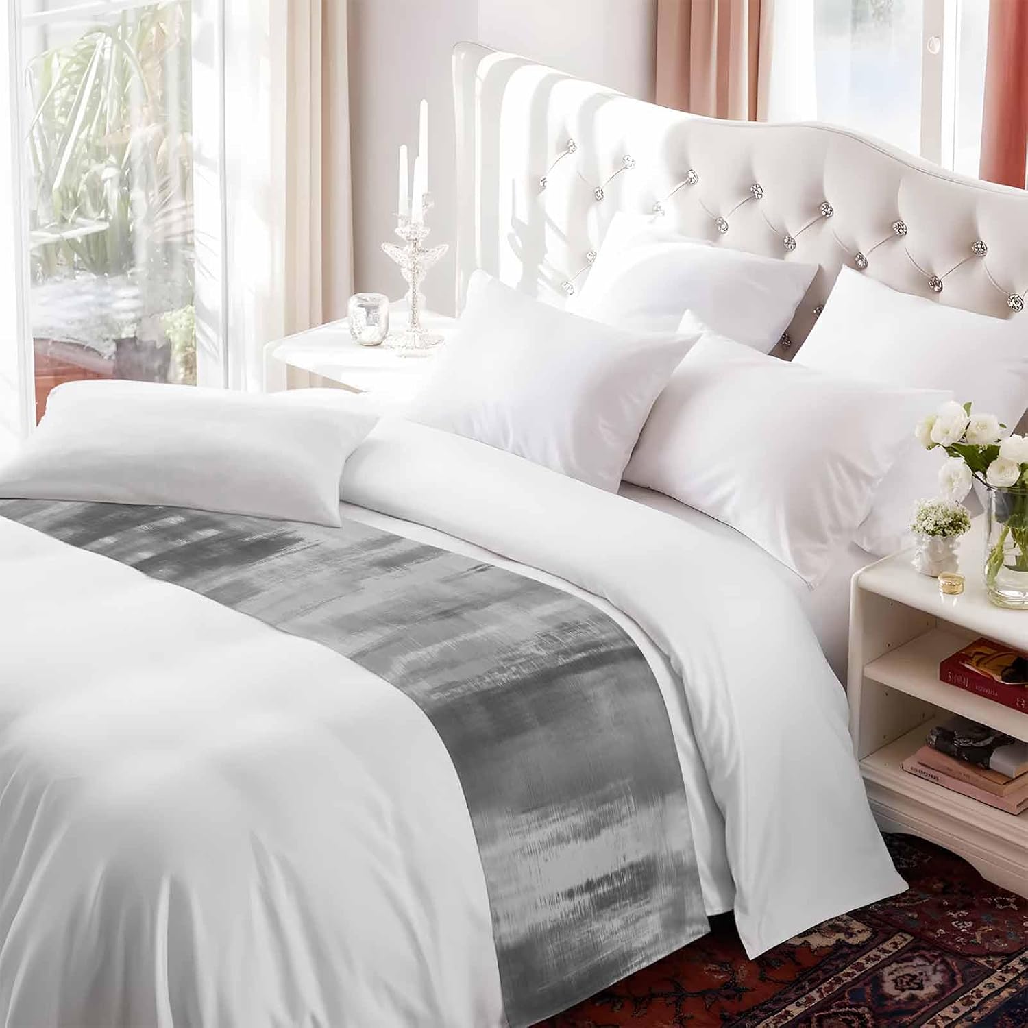 Grey Black Ombre Bed Runner Scarf Cal King Size, Vintage Shabby Gray Abstract Art Luxury Bed Throw Runners & Scarves for Twin Full Queen King Foot of Beds, Bedroom Decoration, 102"x20"