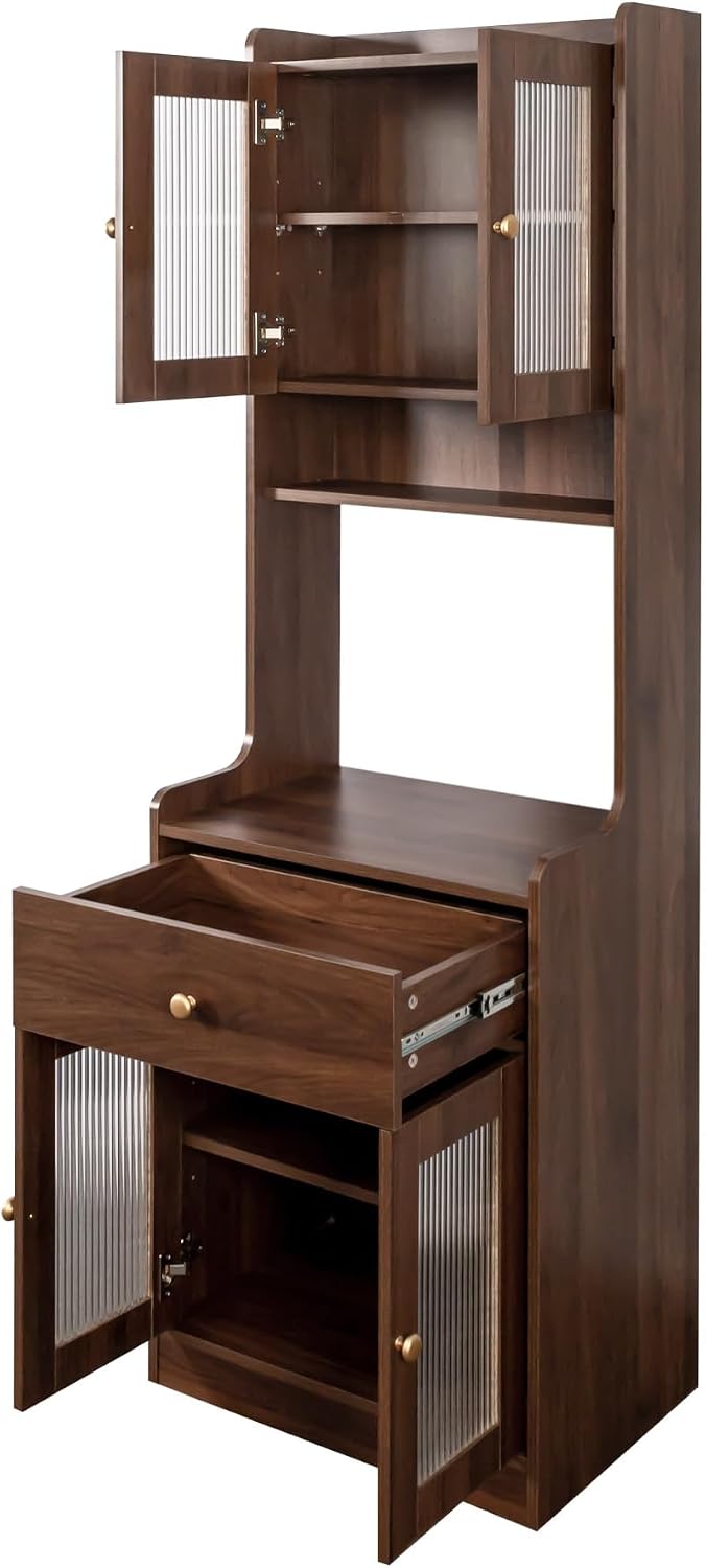 LUMISOL Modern Kitchen Pantry Cabinet with 2 Cabinets & Shelves for Dining Room, 70.87" Tall Cupboard Cabinet with Doors and Drawer, Kitchen Hutch with Microwave Stand for Living Room, Walnut