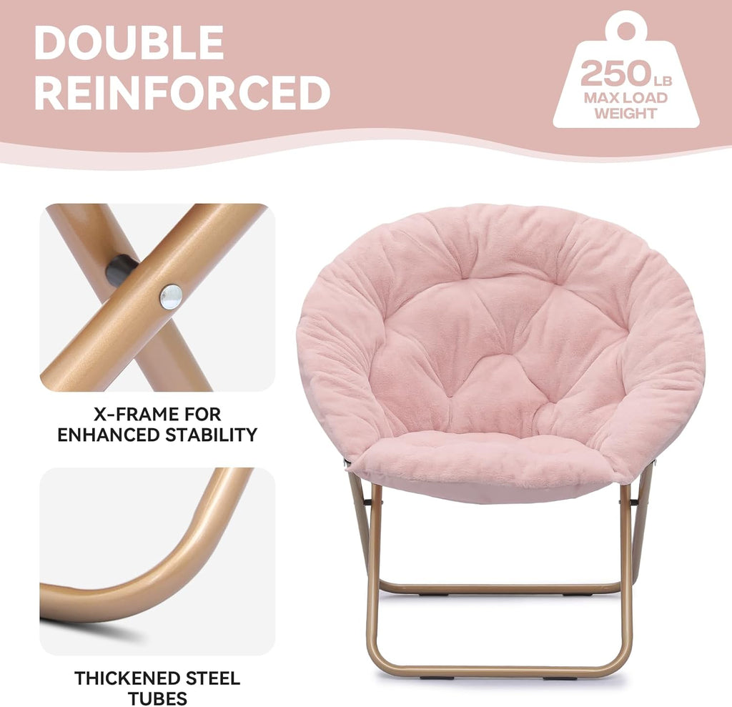 Magshion Saucer Chair for Adults, Comfy Living Room Lounge Chair for Bedroom Corner, Dorm, Apartment, Faux Fur Fluffy Circle Accent Seat with Thick Padded & Folding Metal Frame (Pink)