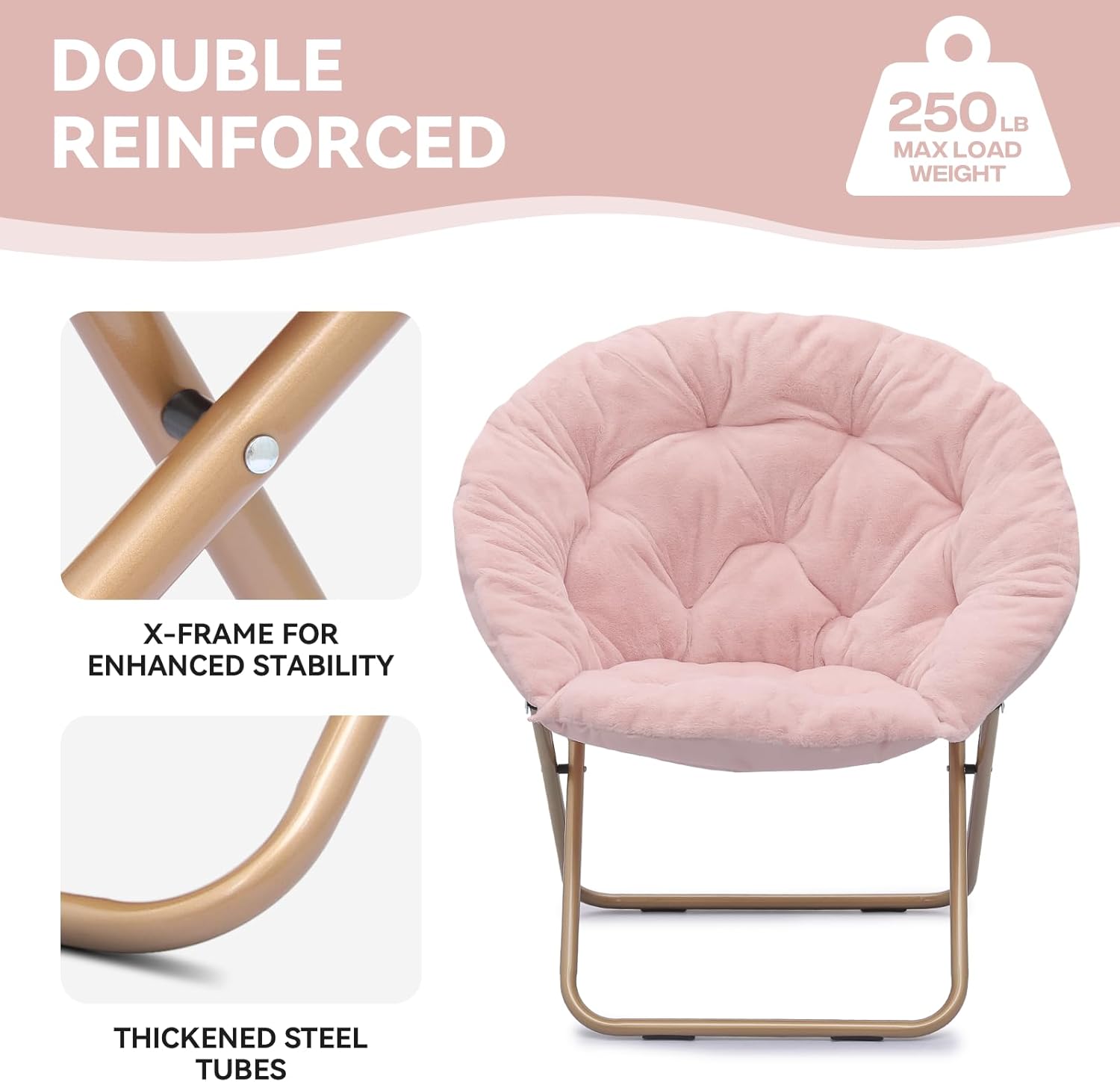 Magshion Saucer Chair for Adults, Comfy Living Room Lounge Chair for Bedroom Corner, Dorm, Apartment, Faux Fur Fluffy Circle Accent Seat with Thick Padded & Folding Metal Frame (Pink)