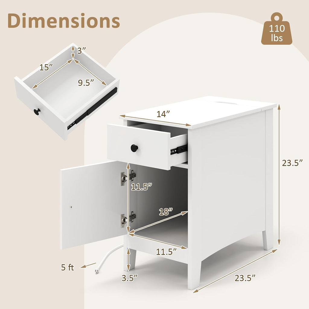 Giantex Night Stand Set 2 with Charging Station, Flip Top End Side Table w/USB Port & Outlets, Modern Bedside Table w/Storage Drawer, Cabinet, Magazine Rack, Narrow Wood Nightstand for Bedroom (White)