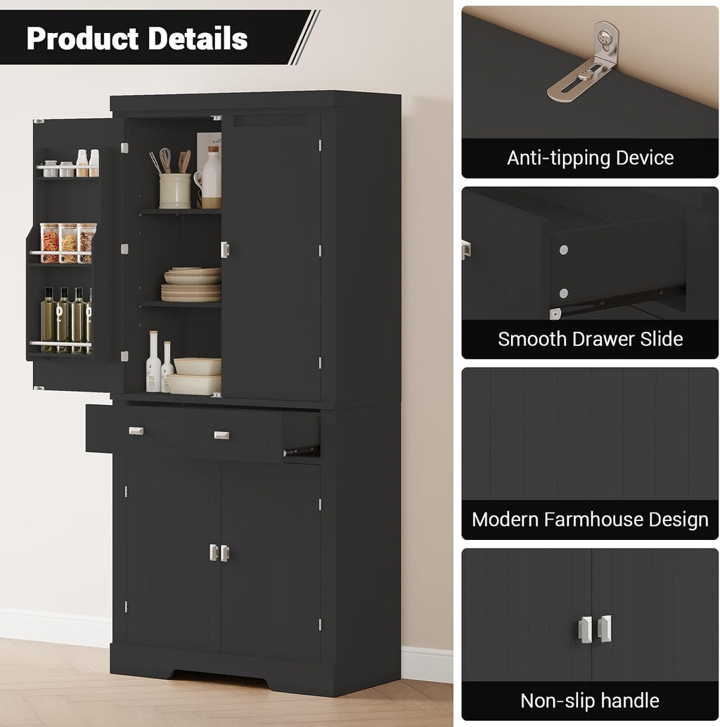 TrailBlaze 72'' Tall Kitchen Pantry Cabinet with Doors & Drawers, Freestanding Narrow Pantry Storage with Adjustable Shelves, Storage Cabinet for Dining Room Living Room Kitchen