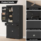 72" Kitchen Pantry Storage Cabinet, Utility Freestanding Food Pantry with 2 Drawer & 6 Door Shelves, Modern Wood Tall Cupboard with 4 Adjustable Shelves for Dining Room, Living Room, Kitchen,Black