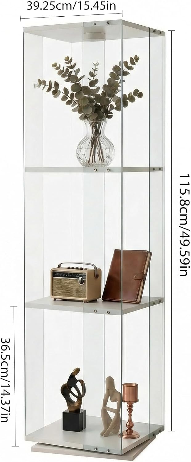 Glass Display Cabinet with Rotating Base, Curio Cabinet with LED Light, 3-Shelf Tempered Glass Display Case for Collectibles, Curio Display Cabinet forLiving Room,Home Decor, White